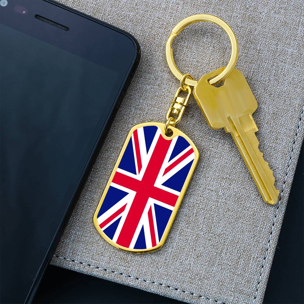 UK Flag Stainless Steel or 18k Gold Premium Swivel Dog Tag Keychain-Express Your Love Gifts