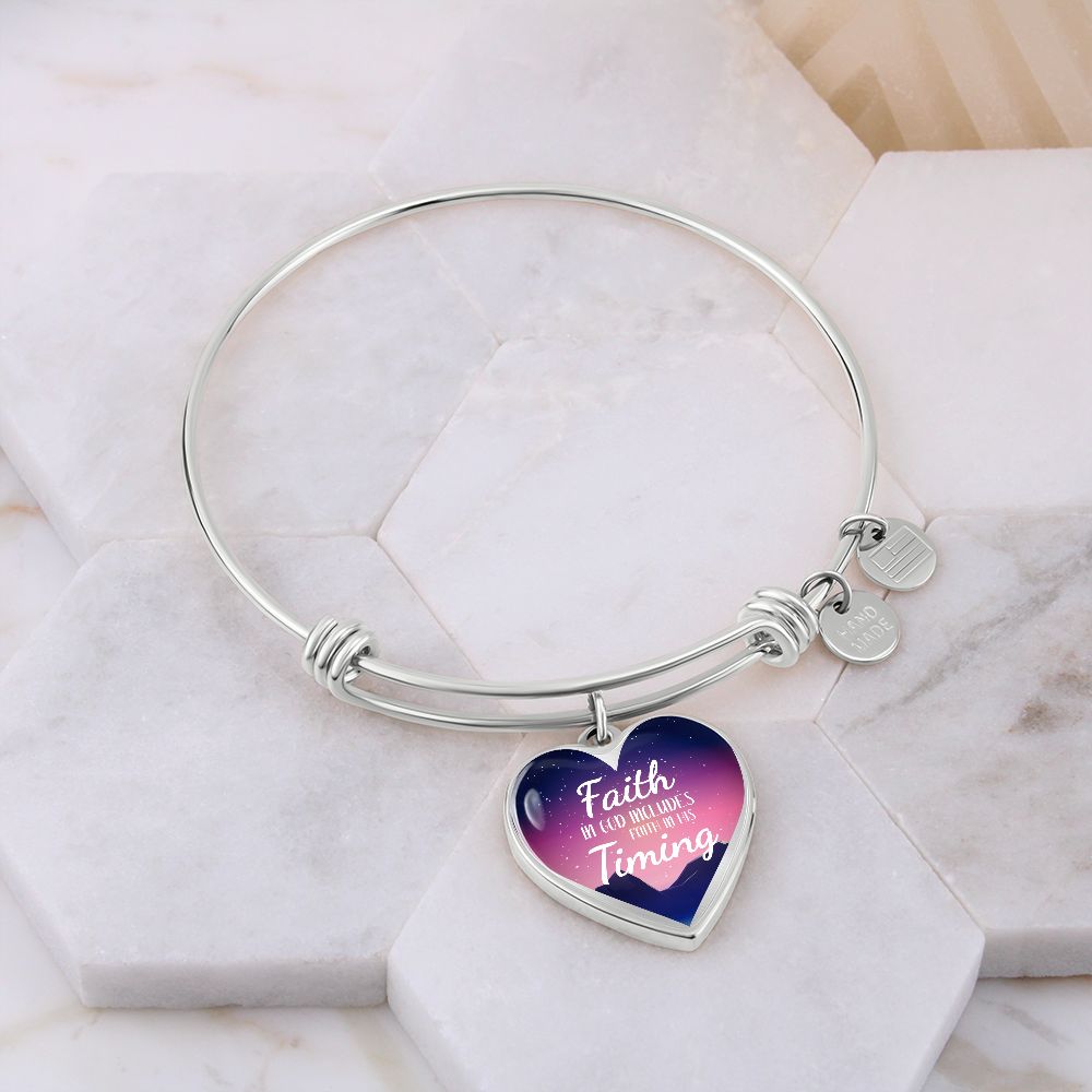 Habakkuk 2:3 God's Timing Stainless Steel or 18k Gold Heart Bangle Bracelet-Express Your Love Gifts
