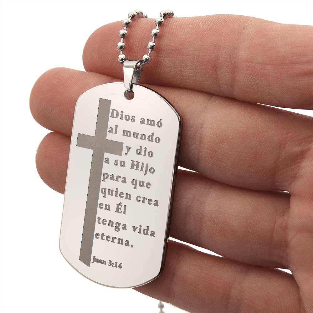 Spanish Juan 3:16 Engraved Dog Tag Bible Necklace Stainless Steel or 18k Gold w 24" Chain-Express Your Love Gifts