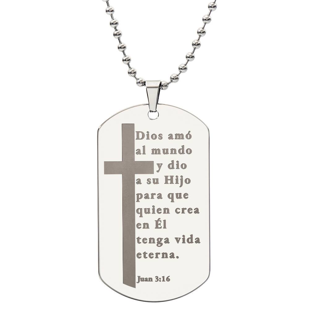 Spanish Juan 3:16 Engraved Dog Tag Bible Necklace Stainless Steel or 18k Gold w 24" Chain-Express Your Love Gifts