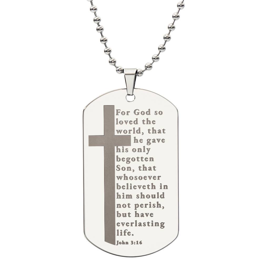 Everlasting Life John 3:16 Engraved Dog Tag Bible Necklace Stainless Steel or 18k Gold w 24" Chain-Express Your Love Gifts