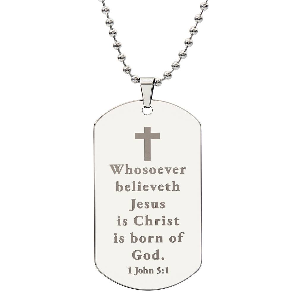 Born of God 1 John 5:1 Engraved Dog Tag Bible Necklace Stainless Steel or 18k Gold w 24" Chain-Express Your Love Gifts