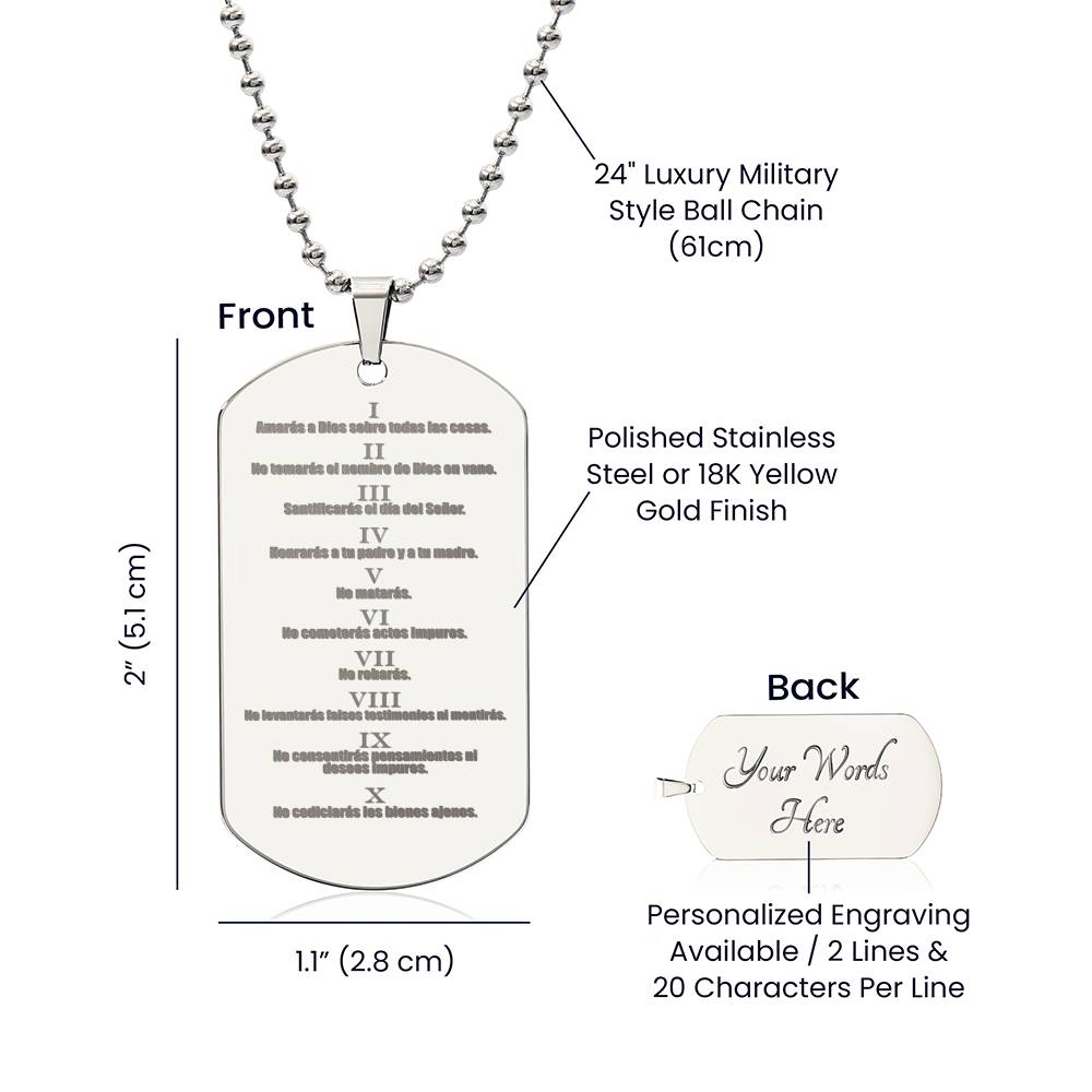 Ten Commandments Spanish Diez Mandamientos Engraved Dog Tag Necklace Stainless Steel or 18k Gold w 24" Chain-Express Your Love Gifts