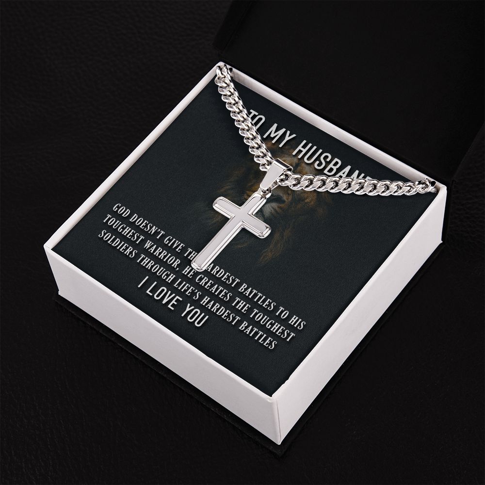 To My Husband God Doesn't Give Personalized Steel Cross Cuban Link Chain-Express Your Love Gifts
