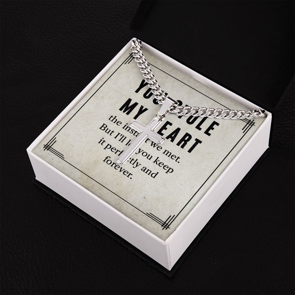 To My Man You Stole My Heart Personalized Steel Cross Cuban Link Chain-Express Your Love Gifts
