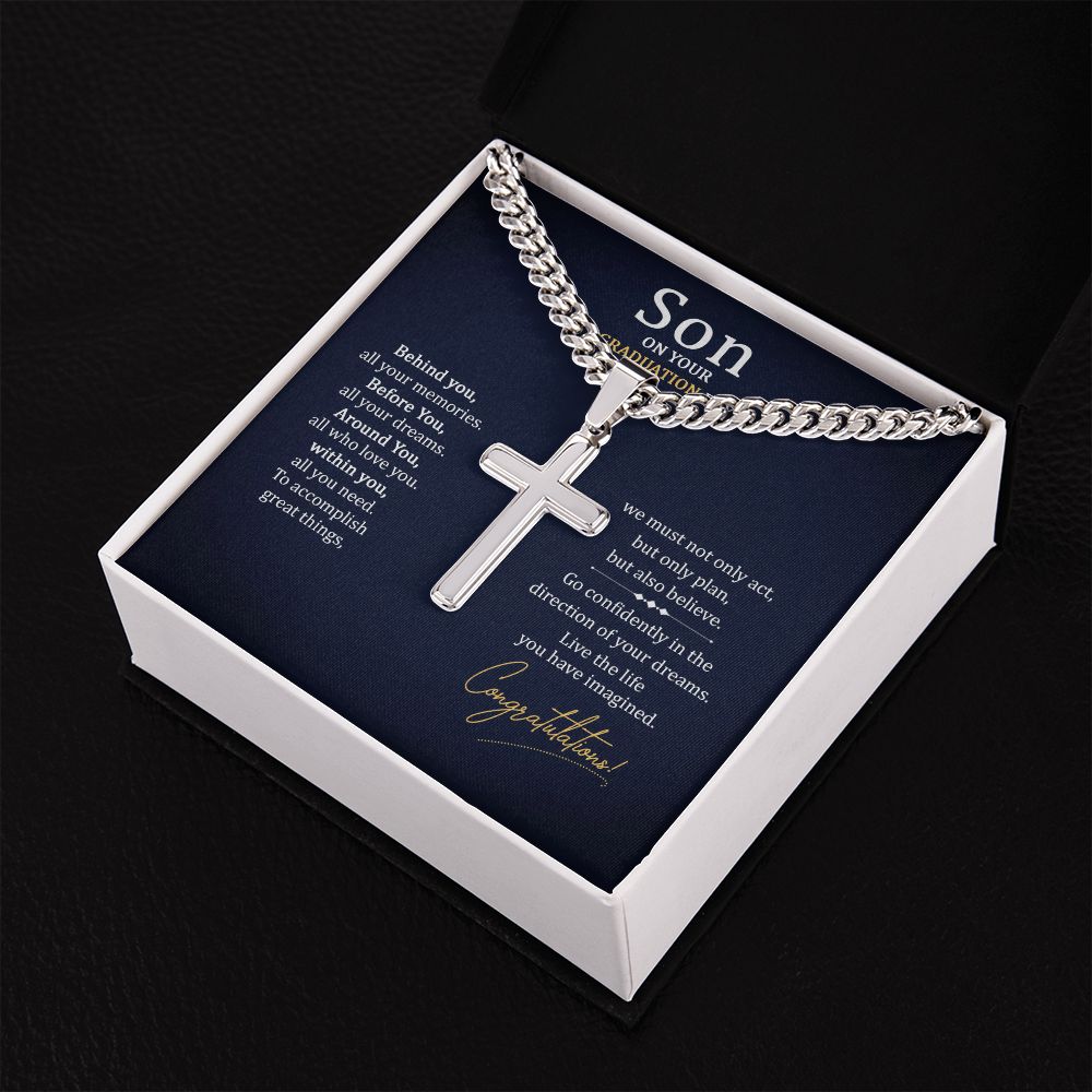 To My Son On Your Graduation Day Personalized Steel Cross Cuban Link Chain-Express Your Love Gifts