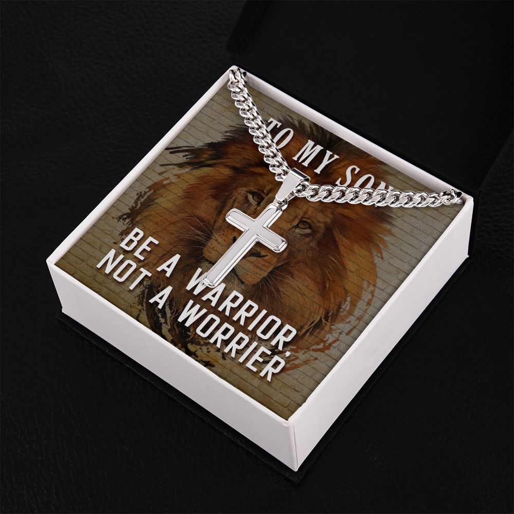 To My Son Be a Warrior Not a Worrier Personalized Steel Cross Cuban Link Chain-Express Your Love Gifts