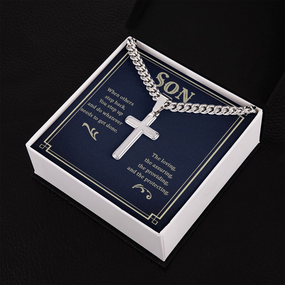 To My Son When Others Step Back Personalized Steel Cross Cuban Link Chain-Express Your Love Gifts