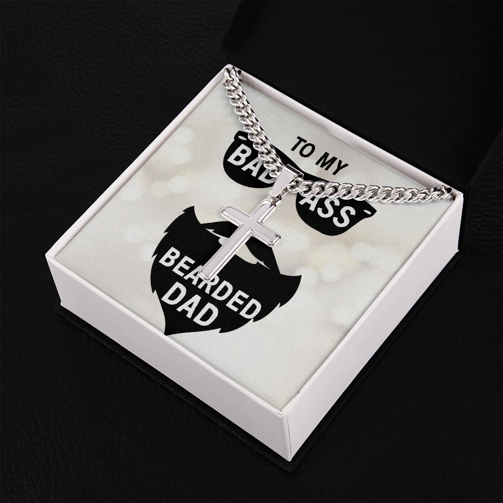 To My Dad Badass Bearded Dad Personalized Steel Cross Cuban Link Chain-Express Your Love Gifts