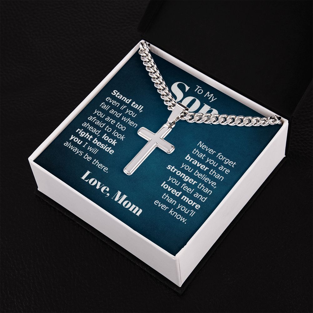 To My Son Stand Tall Even if You Fall Personalized Steel Cross Cuban Link Chain-Express Your Love Gifts