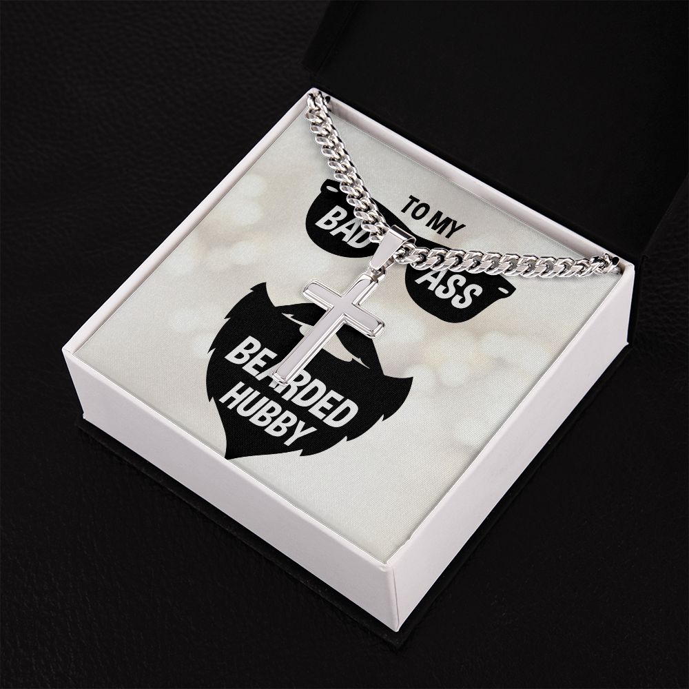 To My Husband Badass Bearded Hubby Personalized Steel Cross Cuban Link Chain-Express Your Love Gifts