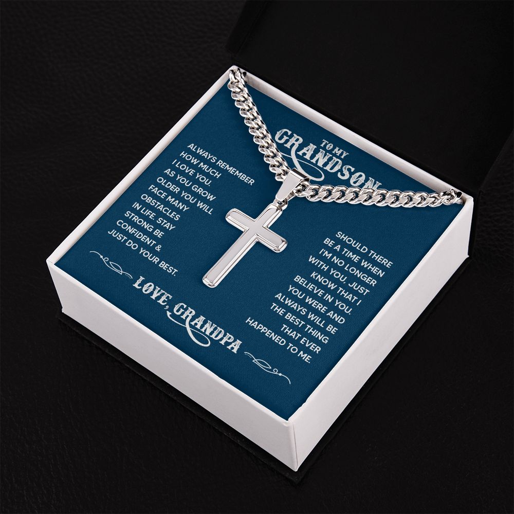 To My Grandson Always Remember How Much I Love You Personalized Steel Cross Cuban Link Chain-Express Your Love Gifts