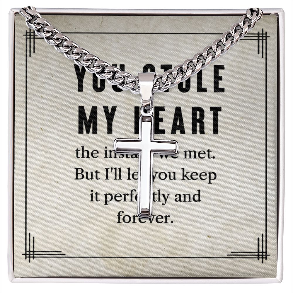 To My Man You Stole My Heart Personalized Steel Cross Cuban Link Chain-Express Your Love Gifts