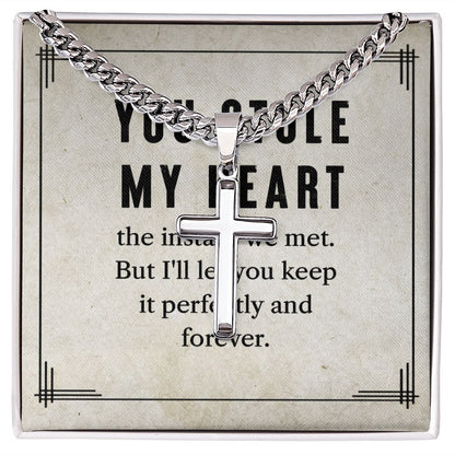 To My Man You Stole My Heart Personalized Steel Cross Cuban Link Chain-Express Your Love Gifts