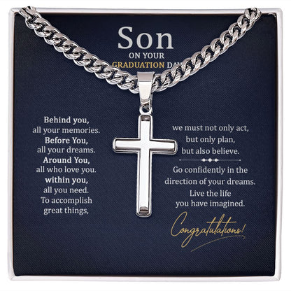 To My Son On Your Graduation Day Personalized Steel Cross Cuban Link Chain-Express Your Love Gifts
