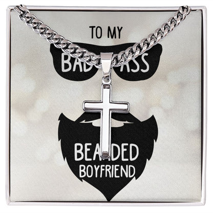 To My Boyfriend Badass Bearded Boyfriend Personalized Steel Cross Cuban Link Chain-Express Your Love Gifts