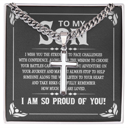 To My Son I Wish You the Strength to Face Challenges Personalized Steel Cross Cuban Link Chain-Express Your Love Gifts