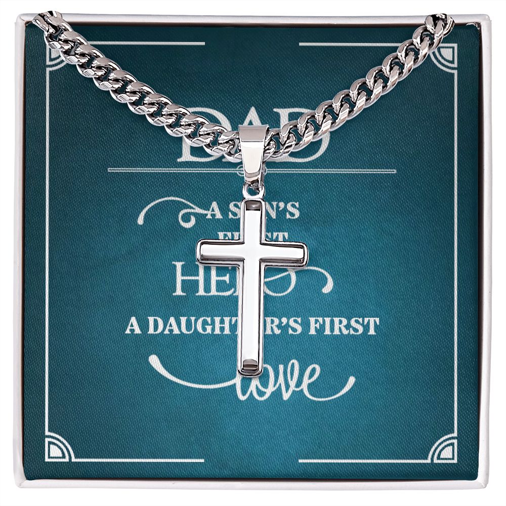 To My Dad a Sons First Hero Personalized Steel Cross Cuban Link Chain-Express Your Love Gifts