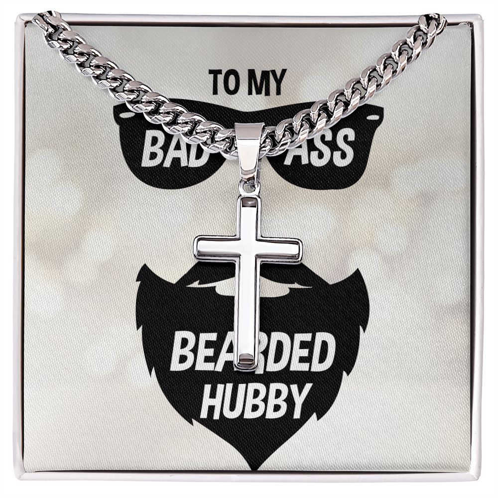 To My Husband Badass Bearded Hubby Personalized Steel Cross Cuban Link Chain-Express Your Love Gifts
