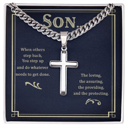 To My Son When Others Step Back Personalized Steel Cross Cuban Link Chain-Express Your Love Gifts