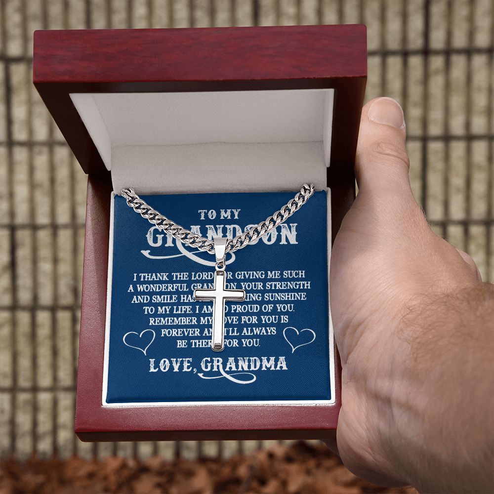 To My GrandSon I Thank The Lord For Giving Me You Personalized Steel Cross Cuban Link Chain-Express Your Love Gifts