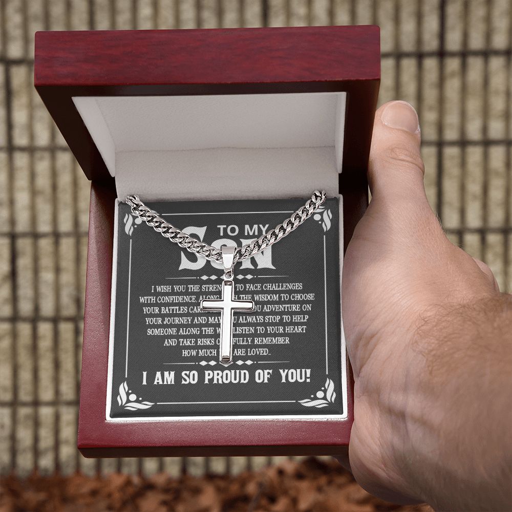 To My Son I Wish You the Strength to Face Challenges Personalized Steel Cross Cuban Link Chain-Express Your Love Gifts