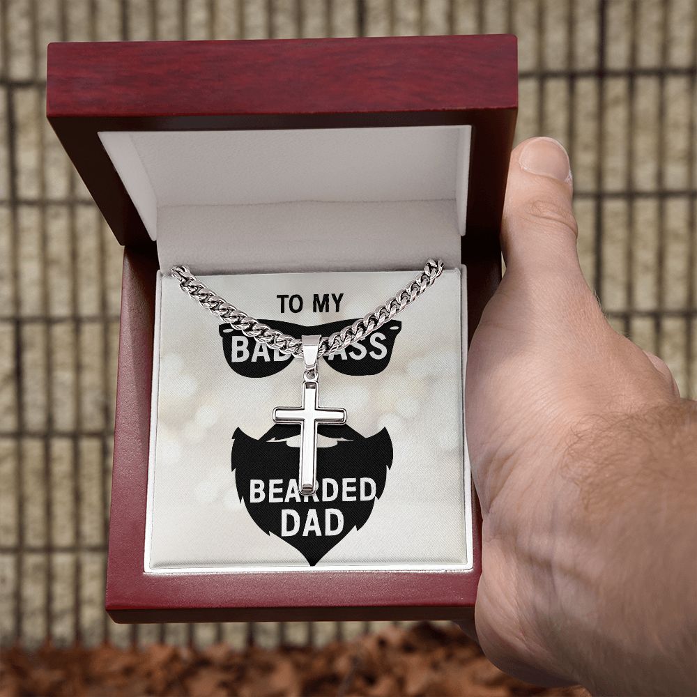 To My Dad Badass Bearded Dad Personalized Steel Cross Cuban Link Chain-Express Your Love Gifts