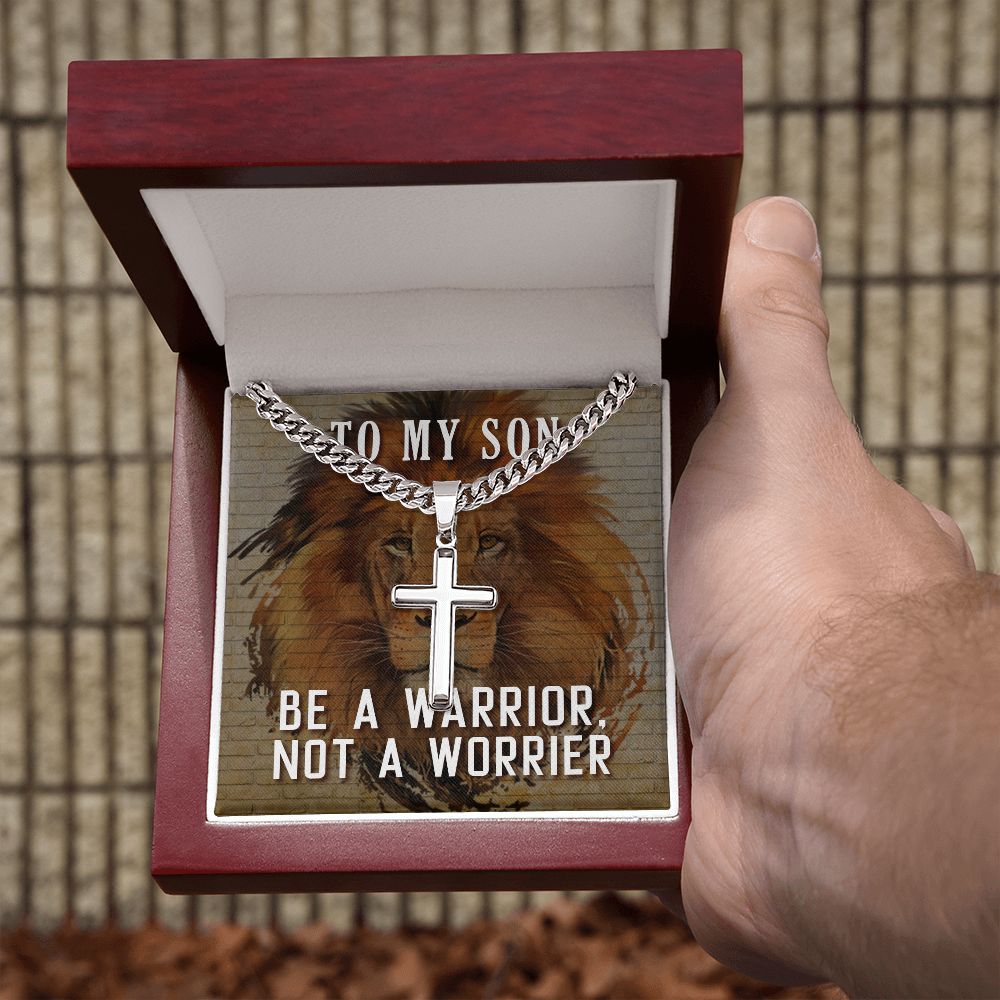 To My Son Be a Warrior Not a Worrier Personalized Steel Cross Cuban Link Chain-Express Your Love Gifts