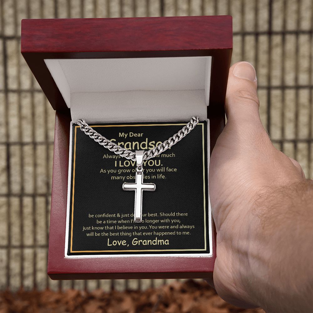 To My Grandson Always Remember How Much I Love You Personalized Steel Cross Cuban Link Chain-Express Your Love Gifts