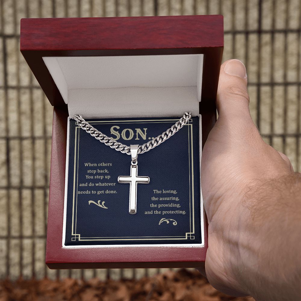 To My Son When Others Step Back Personalized Steel Cross Cuban Link Chain-Express Your Love Gifts