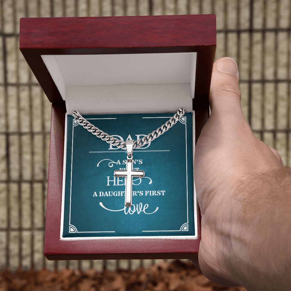 To My Dad a Sons First Hero Personalized Steel Cross Cuban Link Chain-Express Your Love Gifts