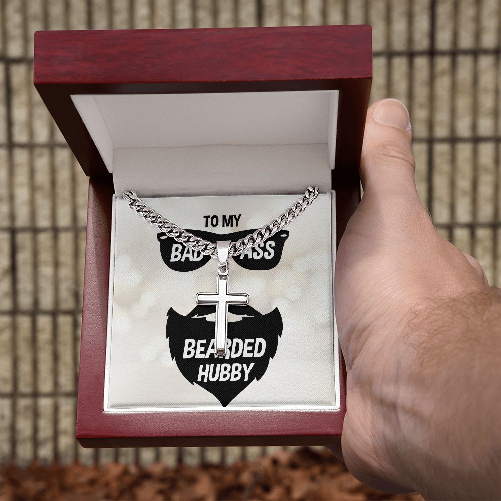 To My Husband Badass Bearded Hubby Personalized Steel Cross Cuban Link Chain-Express Your Love Gifts