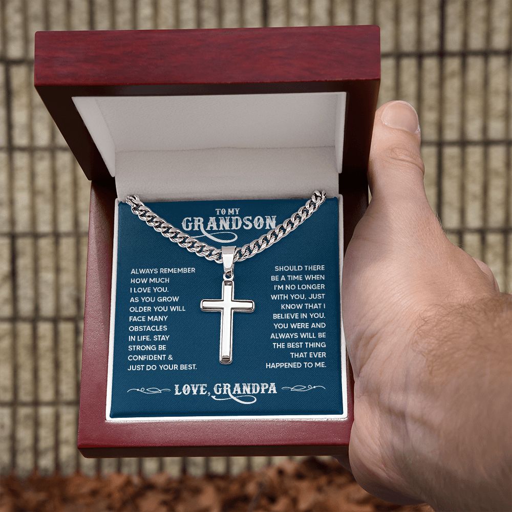 To My Grandson Always Remember How Much I Love You Personalized Steel Cross Cuban Link Chain-Express Your Love Gifts