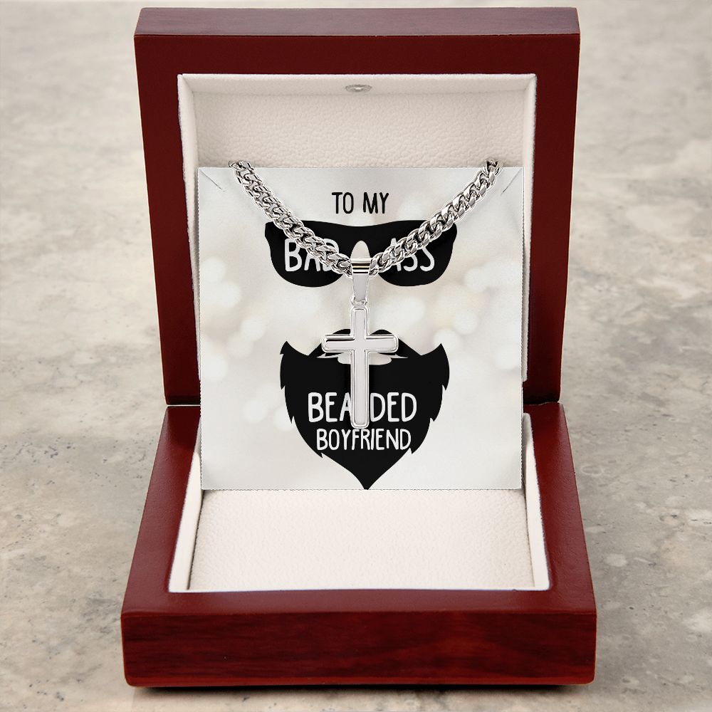 To My Boyfriend Badass Bearded Boyfriend Personalized Steel Cross Cuban Link Chain-Express Your Love Gifts