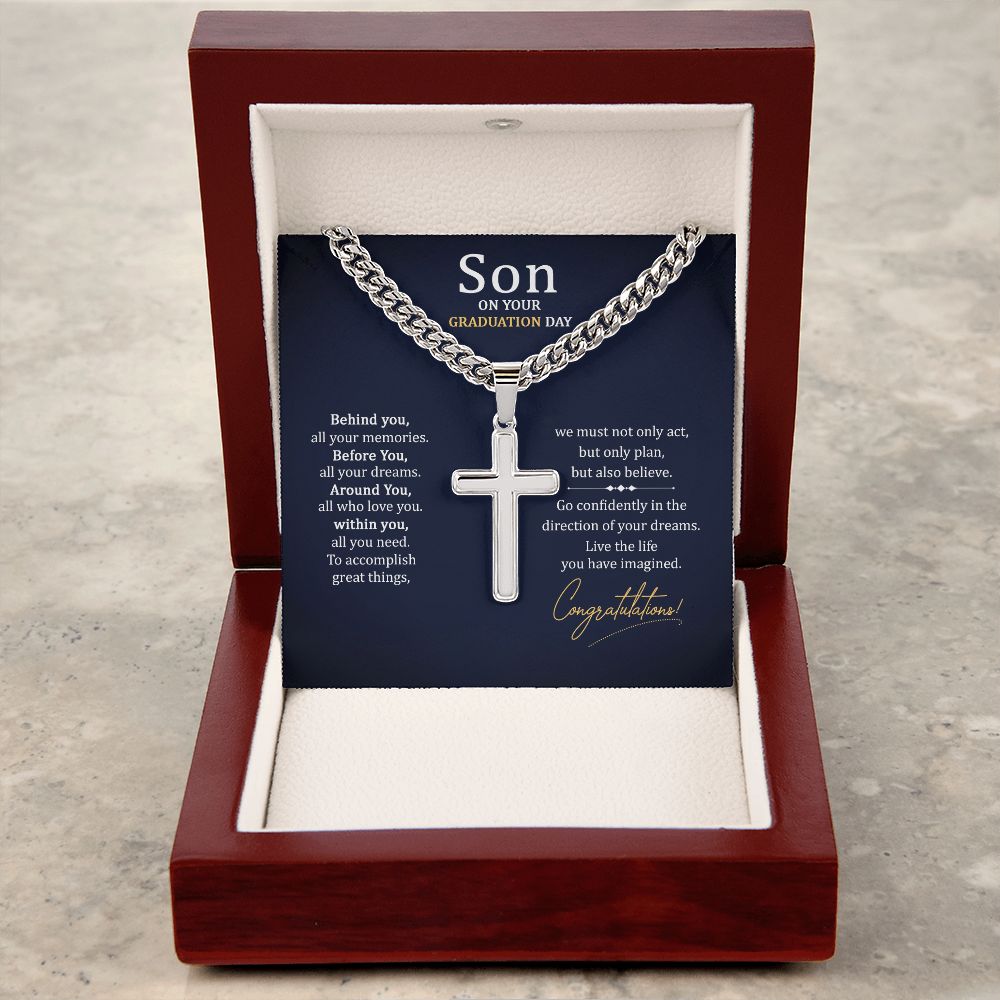 To My Son On Your Graduation Day Personalized Steel Cross Cuban Link Chain-Express Your Love Gifts