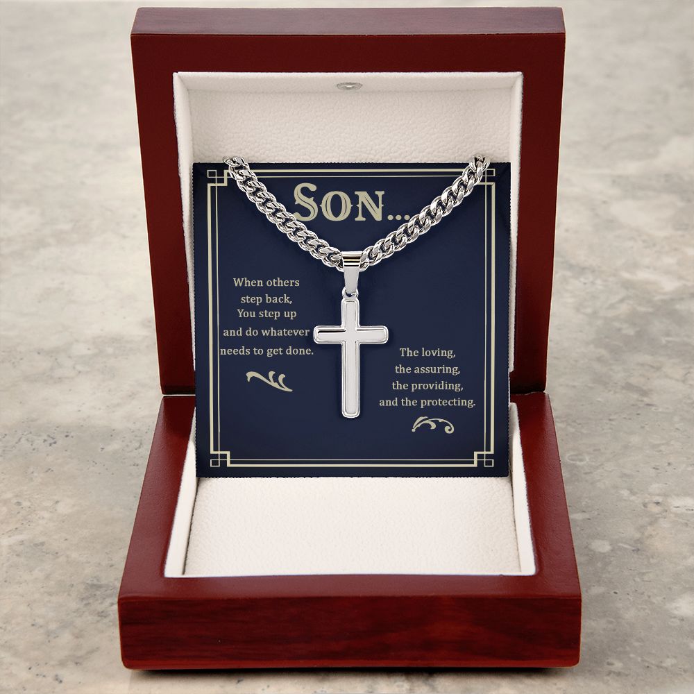 To My Son When Others Step Back Personalized Steel Cross Cuban Link Chain-Express Your Love Gifts