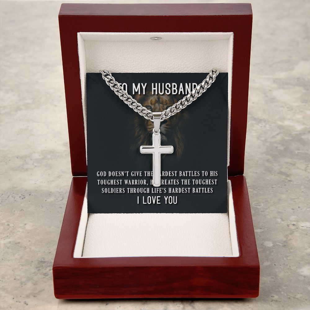 To My Husband God Doesn't Give Personalized Steel Cross Cuban Link Chain-Express Your Love Gifts
