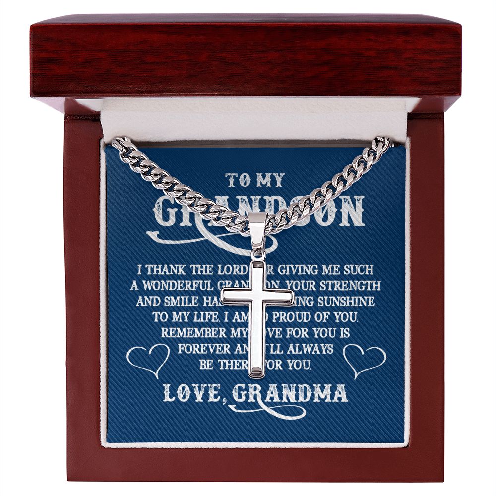 To My GrandSon I Thank The Lord For Giving Me You Personalized Steel Cross Cuban Link Chain-Express Your Love Gifts