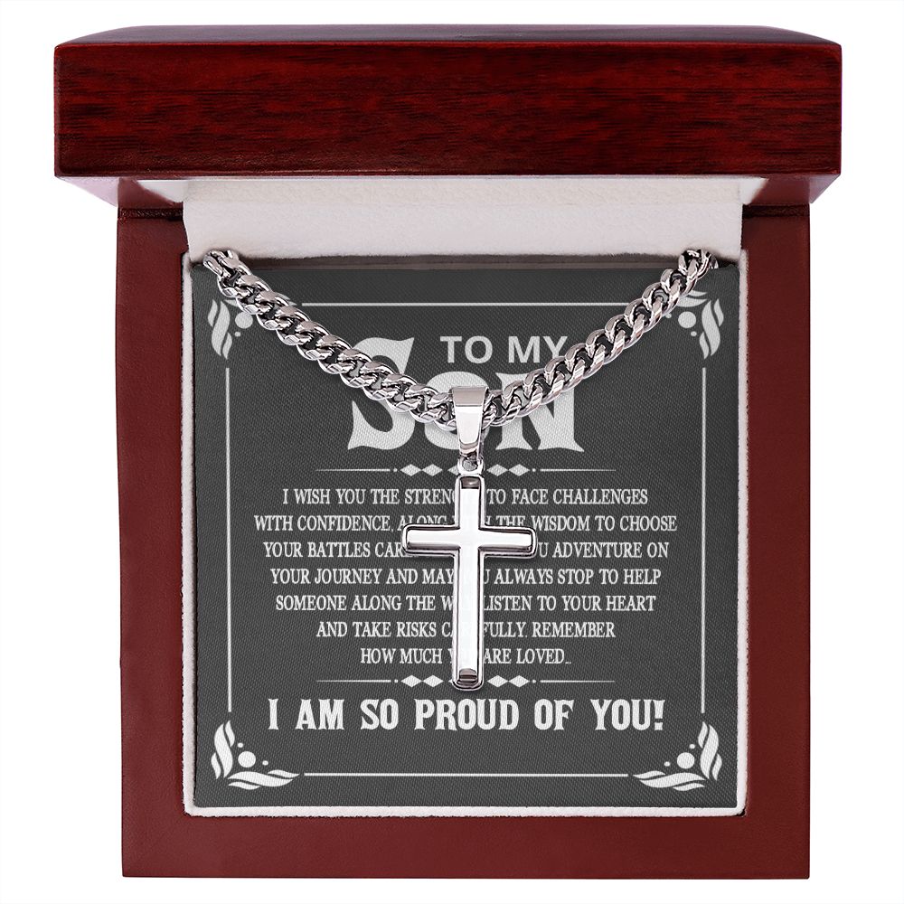 To My Son I Wish You the Strength to Face Challenges Personalized Steel Cross Cuban Link Chain-Express Your Love Gifts