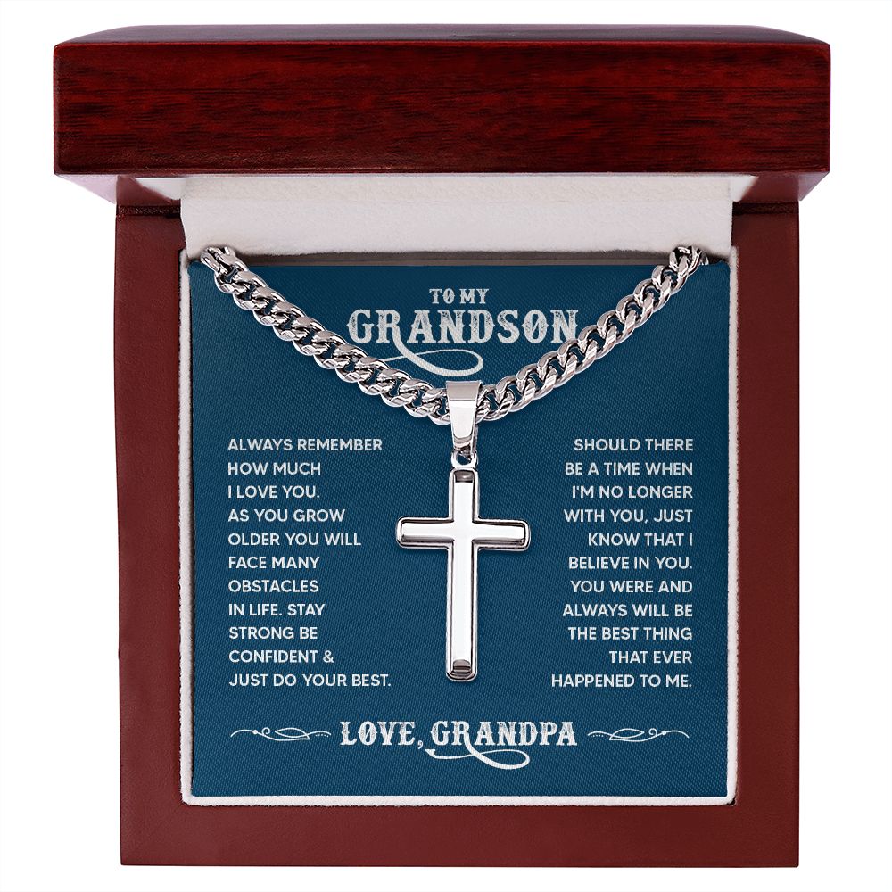 To My Grandson Always Remember How Much I Love You Personalized Steel Cross Cuban Link Chain-Express Your Love Gifts