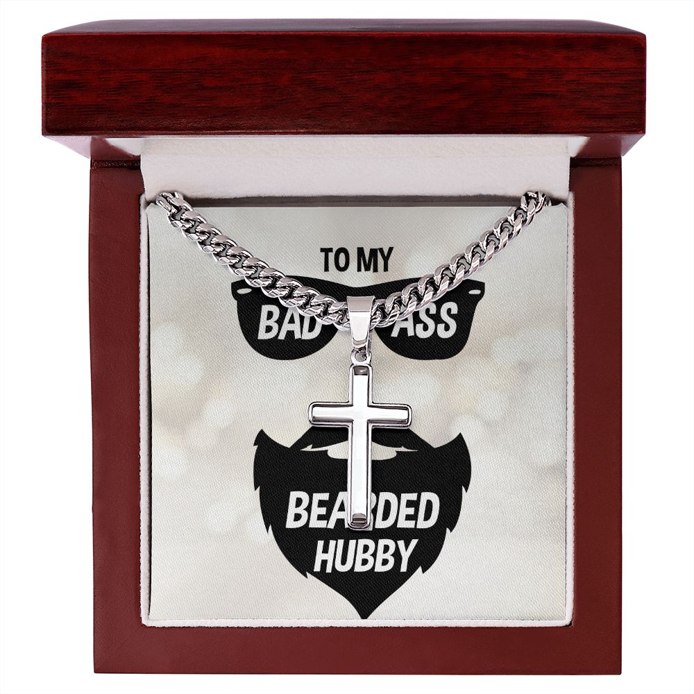 To My Husband Badass Bearded Hubby Personalized Steel Cross Cuban Link Chain-Express Your Love Gifts