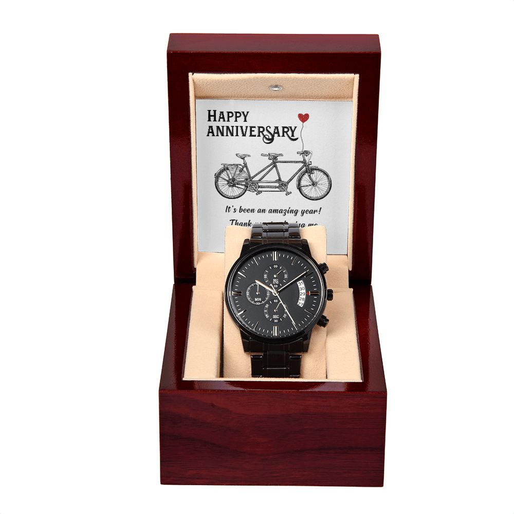 Happy Anniversary It's Been an Amazing Years Black Chronograph Watch With Message Card in Mahogany Box-Express Your Love Gifts