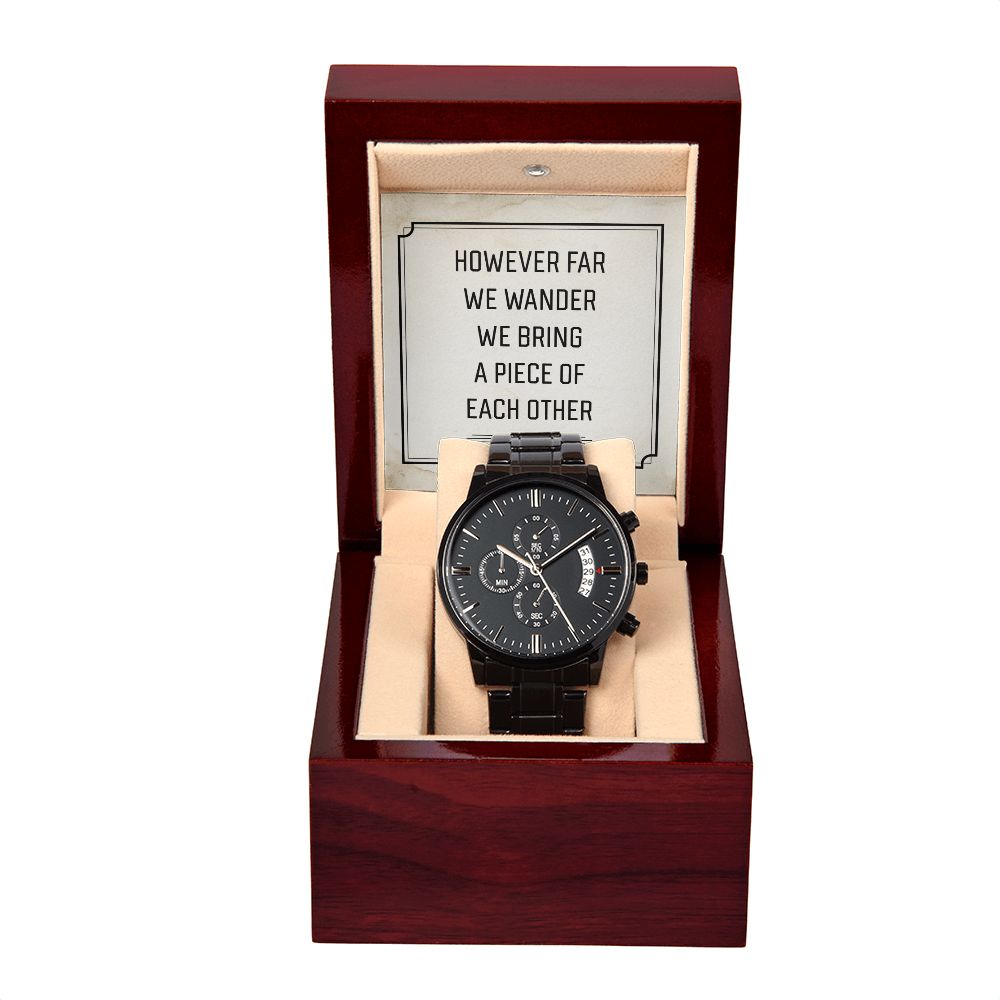 However Far We Wander Black Chronograph Watch With Message Card in Mahogany Box-Express Your Love Gifts
