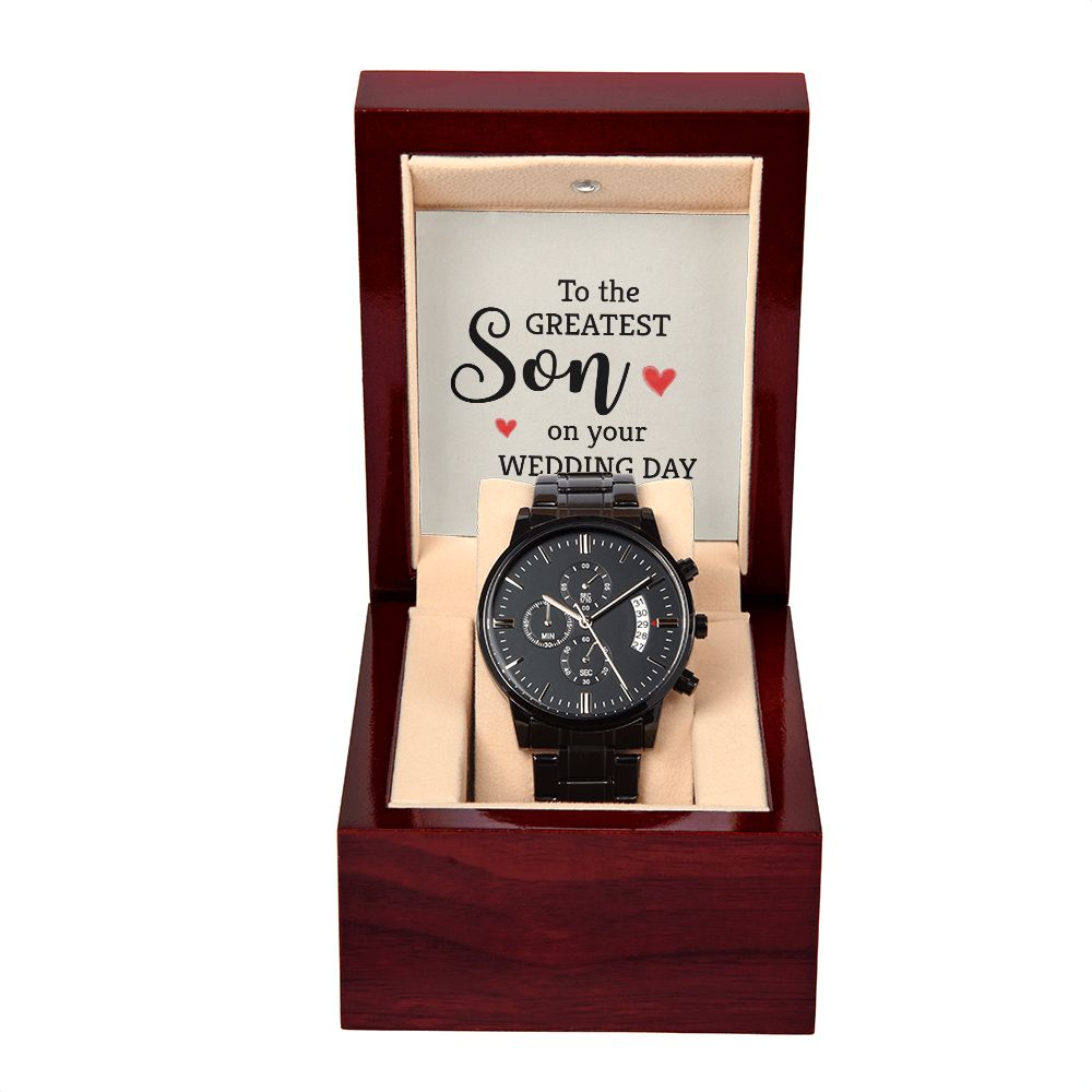 To My Son To the Greatest Son Black Chronograph Watch With Message Card in Mahogany Box-Express Your Love Gifts