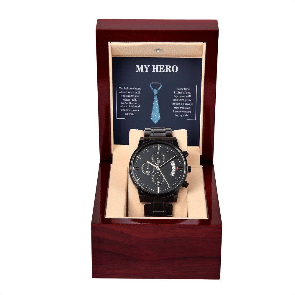 To My Dad My Hero Black Chronograph Watch With Message Card in Mahogany Box-Express Your Love Gifts