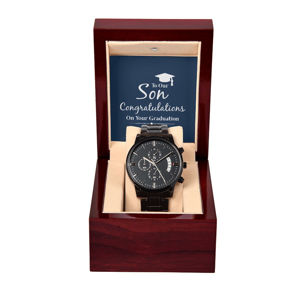 To Our Son Congratulations on Your Graduation Black Chronograph Watch With Message Card in Mahogany Box-Express Your Love Gifts