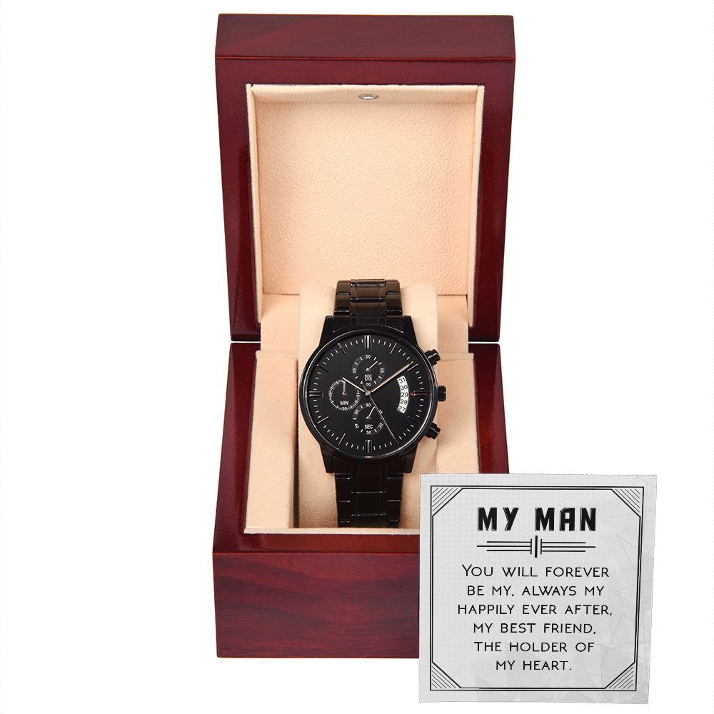 You Will Forever Be My Always Black Chronograph Watch With Message Card in Mahogany Box-Express Your Love Gifts