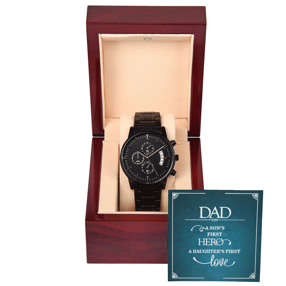 To My Dad a Sons First Hero Black Chronograph Watch With Message Card in Mahogany Box-Express Your Love Gifts