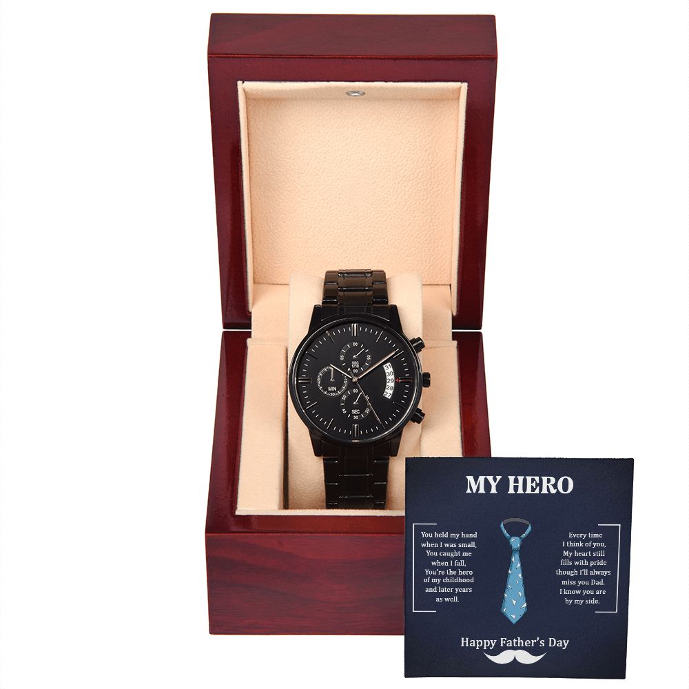 To My Dad My Hero Black Chronograph Watch With Message Card in Mahogany Box-Express Your Love Gifts