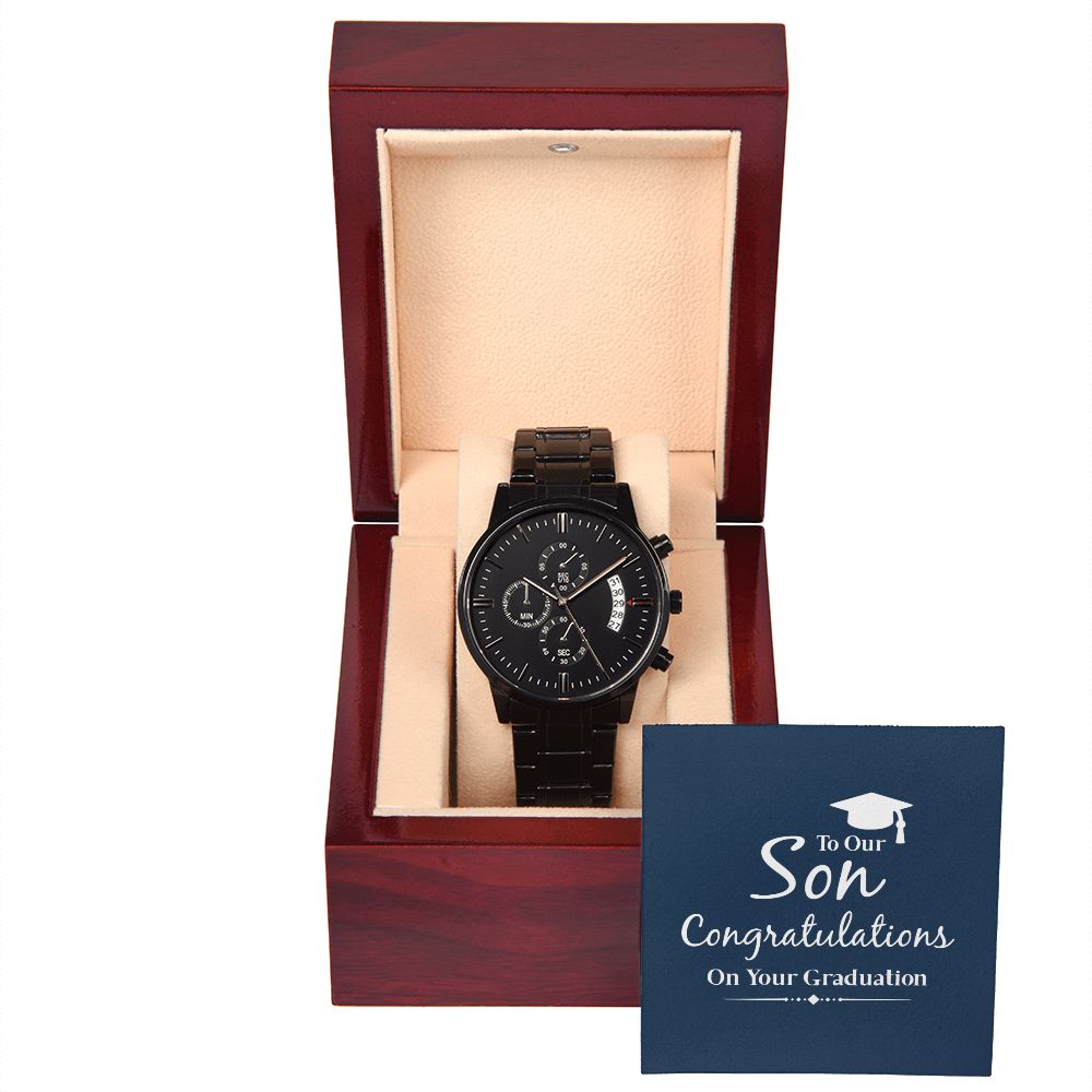 To Our Son Congratulations on Your Graduation Black Chronograph Watch With Message Card in Mahogany Box-Express Your Love Gifts